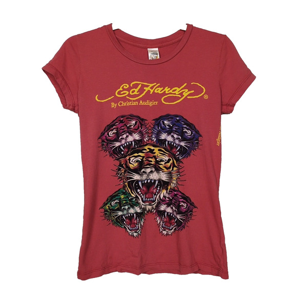ED HARDY Vintage Y2K Baby Tee Tiger Graphic Print Logo Red Women's Medium - Picture 1 of 4